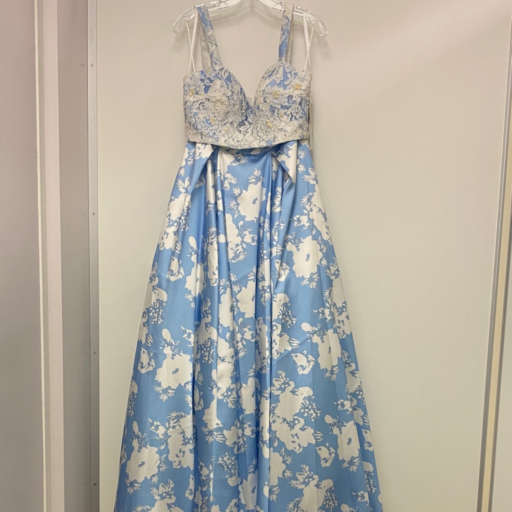 Elegant Two Piece Blue And White Floral Gown